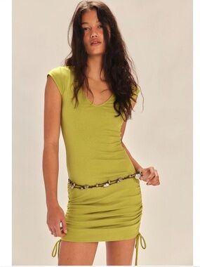 824. FREE PEOPLE Good Feels Ruched Mini Dress in Gilded Lime Sz S NWOT $70